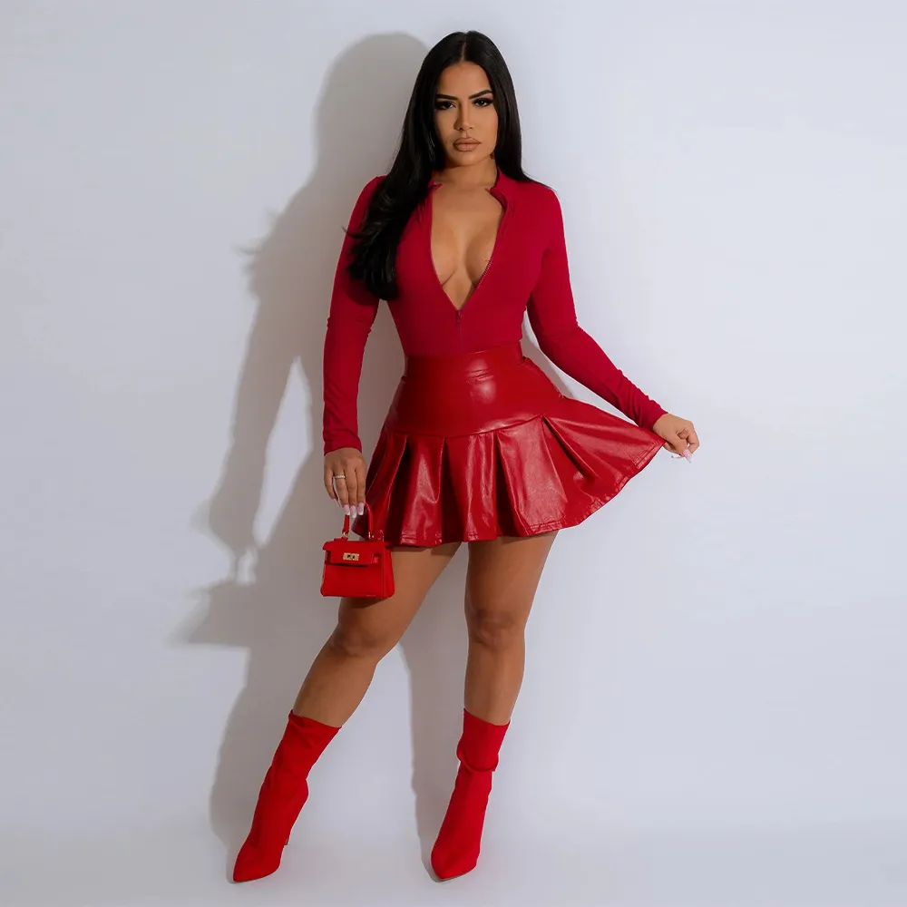 Women Sexy Long Sleeve Zipper Bodysuit PU Skirt Two-Piece Set