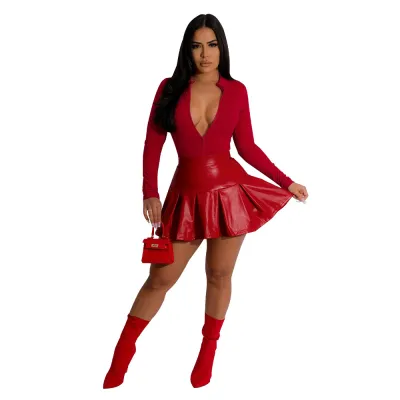 Women Sexy Long Sleeve Zipper Bodysuit PU Skirt Two-Piece Set
