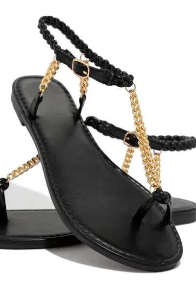 Women Fashionable Casual Plus Size Metal Chain Hollow Round Toe Flat Sandals