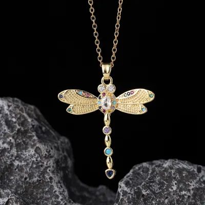 Women Fashion Creative Rhinestone Dragonfly Pendant Necklace Copper Chain