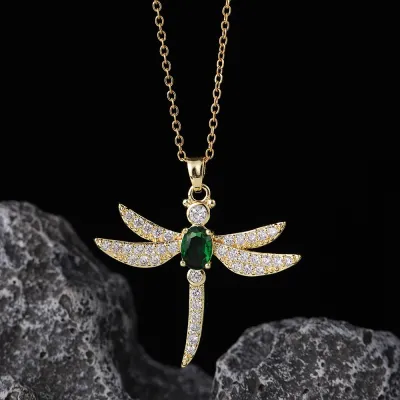Women Fashion Creative Rhinestone Dragonfly Pendant Necklace Copper Chain