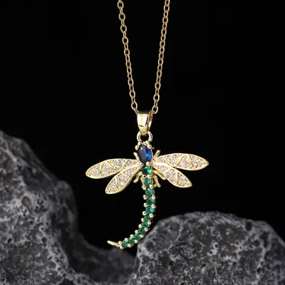 Women Fashion Creative Rhinestone Dragonfly Pendant Necklace Copper Chain