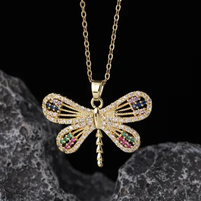 Women Fashion Creative Rhinestone Dragonfly Pendant Necklace Copper Chain