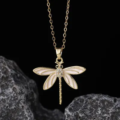 Women Fashion Creative Rhinestone Dragonfly Pendant Necklace Copper Chain