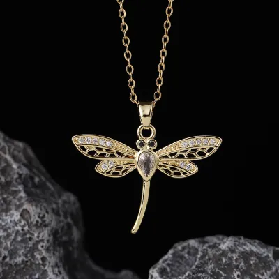 Women Fashion Creative Rhinestone Dragonfly Pendant Necklace Copper Chain