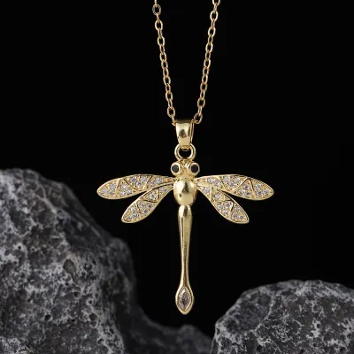 Women Fashion Creative Rhinestone Dragonfly Pendant Necklace Copper Chain