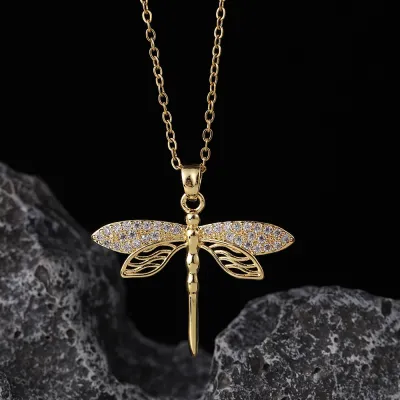 Women Fashion Creative Rhinestone Dragonfly Pendant Necklace Copper Chain