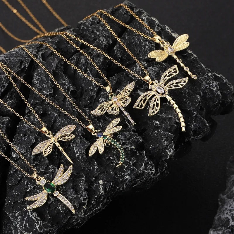 Women Fashion Creative Rhinestone Dragonfly Pendant Necklace Copper Chain
