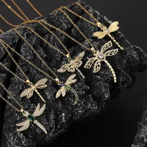 Women Fashion Creative Rhinestone Dragonfly Pendant Necklace Copper Chain