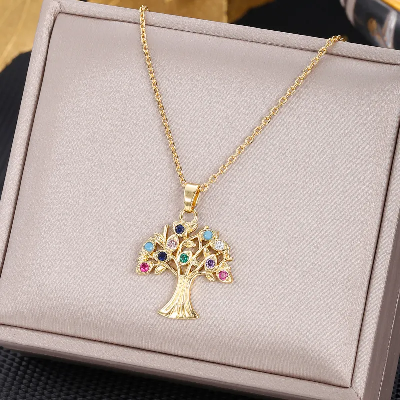 Women Creative Hollow Multicolor Rhinestone Tree Of Life Pendant Necklace Stainless Steel Personality