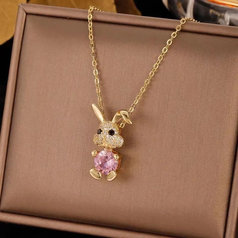 Women Fashion Creative Cute Rabbit Rhinestone Titanium Steel Necklace