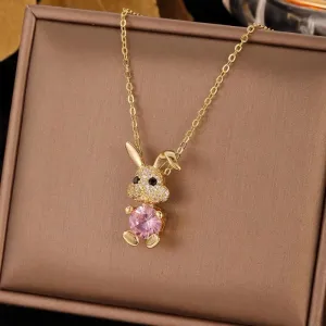 Women Fashion Creative Cute Rabbit Rhinestone Titanium Steel Necklace