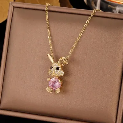 Women Fashion Creative Cute Rabbit Rhinestone Titanium Steel Necklace