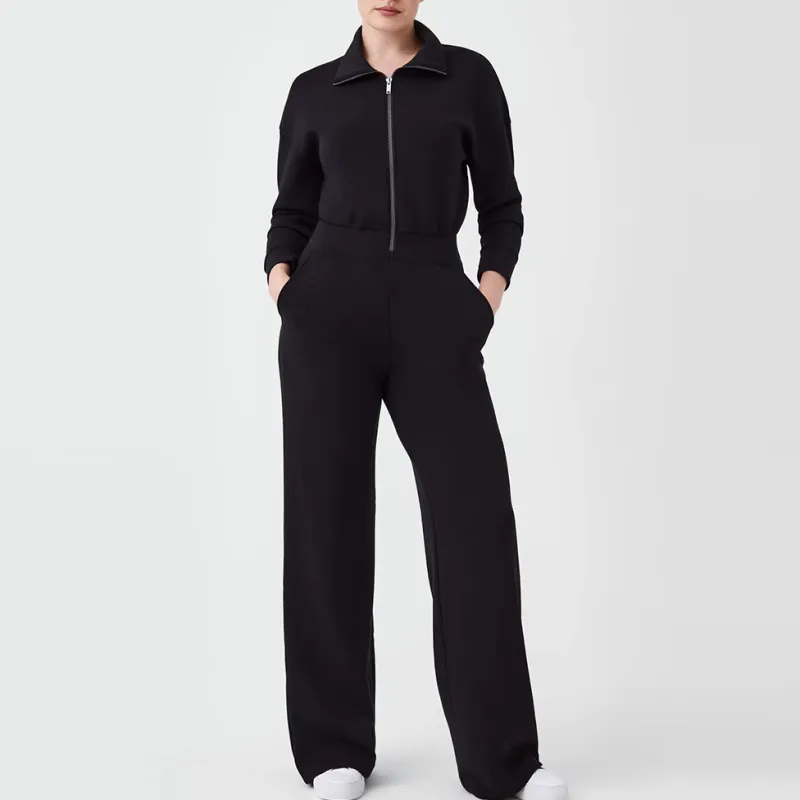 Women's Solid Color Lapel Long Sleeve Wide Leg Jumpsuit