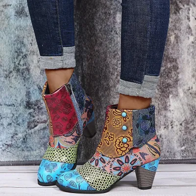 Women Fashion Plus Size Bohemian Ethnic Floral Printed Side Zipper Short Boots