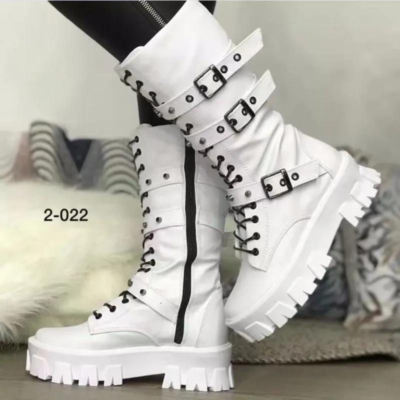 Women Fashion Plus-Size Strap Belt Buckle Thick-Soled Mid-Calf Boots Coarse Heel Side Zipper