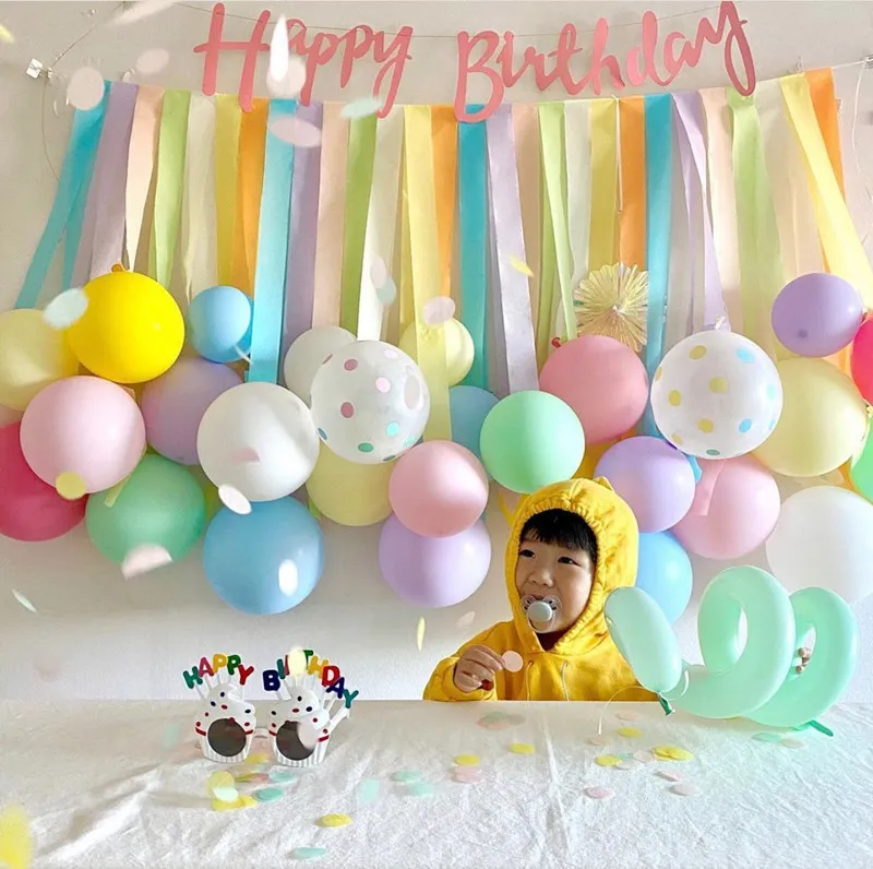 Children Birthday Party Layout Multicolor Tassel Flower Paper Roll Balloon Wall