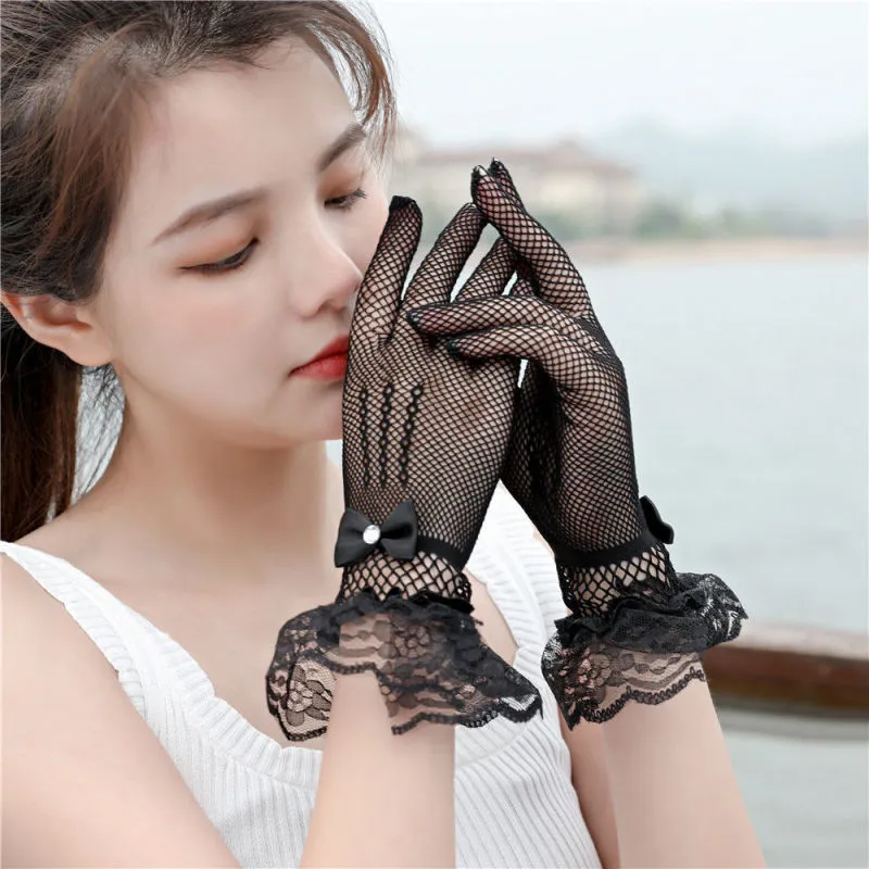 Women Fashion Sexy Mesh Lace Bow Thin Gloves