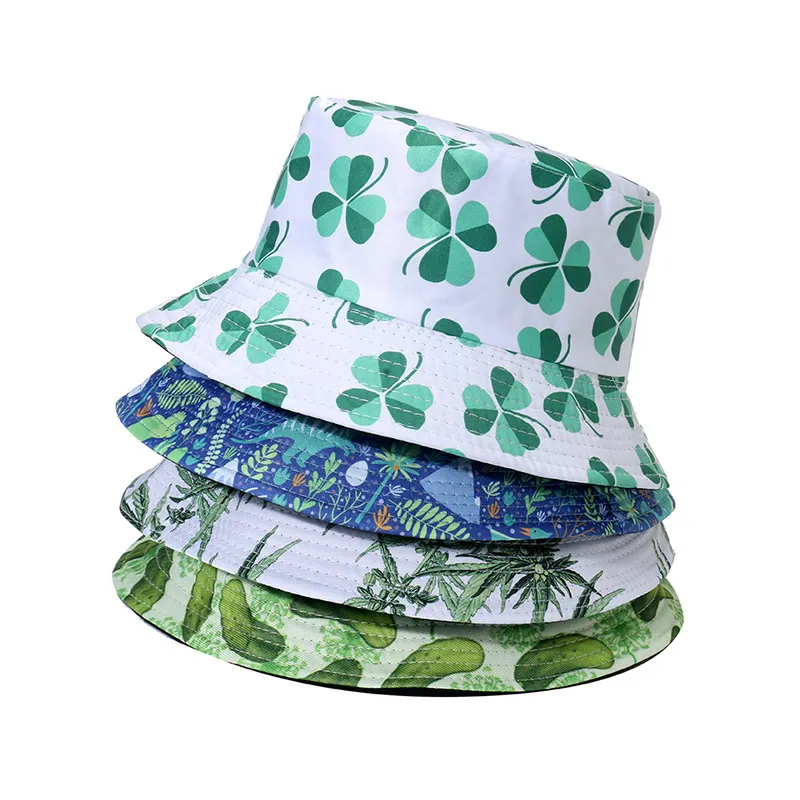 Women Fashion Casual Clover Floral Print Double Sided Bucket Hat
