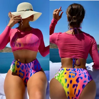 Women Fashion Colorful Printed Bikini Swimsuit Cover-Ups Set