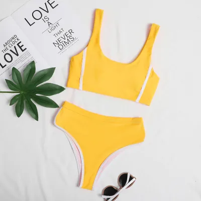 Women Fashion Sexy Solid Color High Waist Tankini Swimwear Set