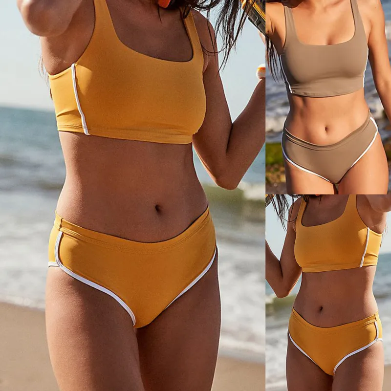 Women Fashion Sexy Solid Color High Waist Tankini Swimwear Set