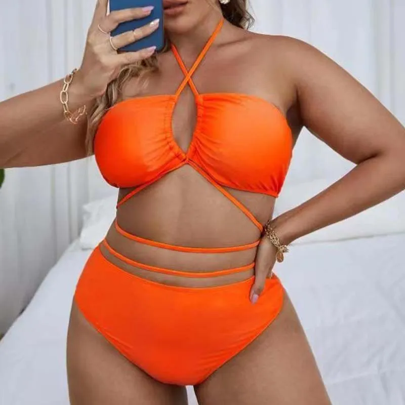 Women Plus Size Solid Color Halter Bikini Swimsuit for Summer Vacation