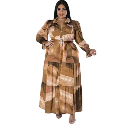 Women Plus Size Fashionable Single-Breasted Long Sleeve Maxi Dress with Bubble Sleeves