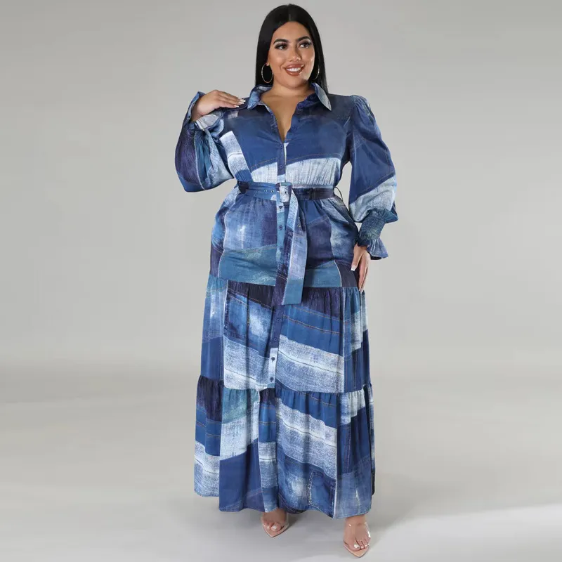 Women Plus Size Fashionable Single-Breasted Long Sleeve Maxi Dress with Bubble Sleeves