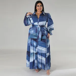 Women Plus Size Fashionable Single-Breasted Long Sleeve Maxi Dress with Bubble Sleeves