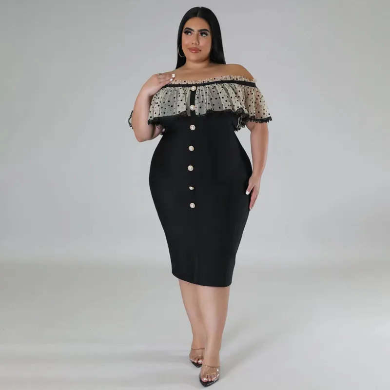 Women Fashion Large Size Off-Shoulder Mesh Patchwork Bodycon Dress