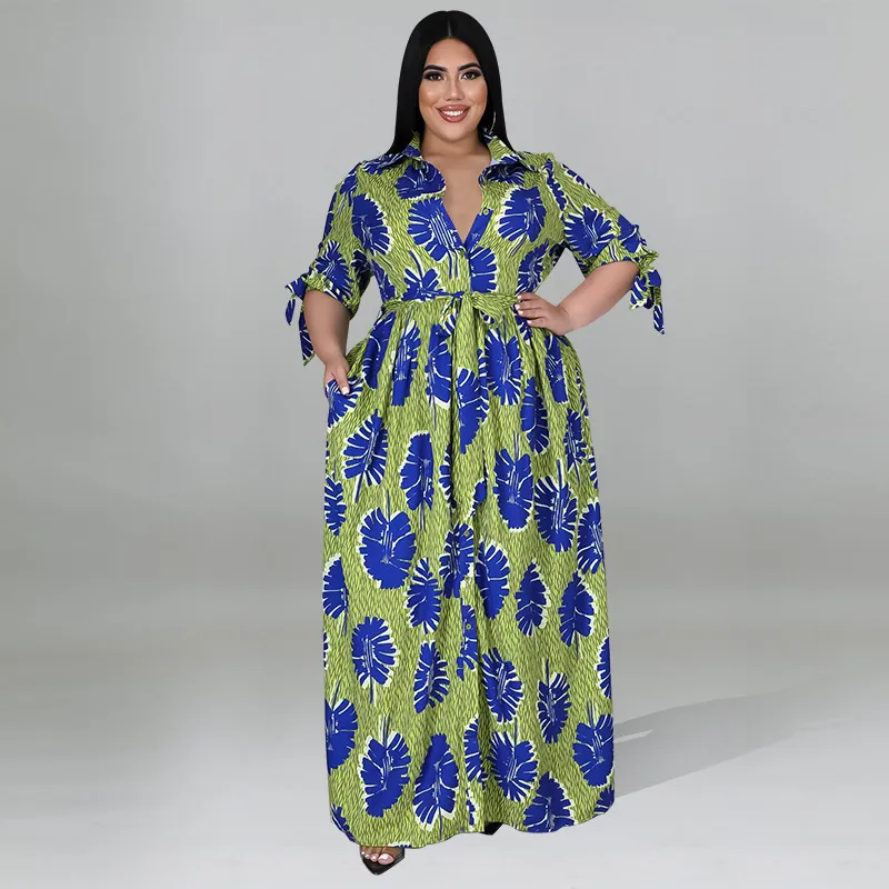 Women Casual Plus Size Leaf-Print Maxi Dress