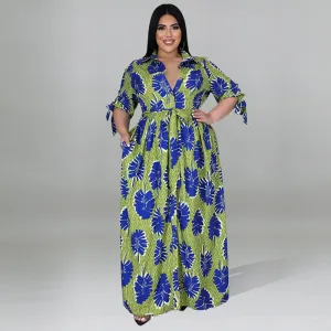 Women Casual Plus Size Leaf-Print Maxi Dress