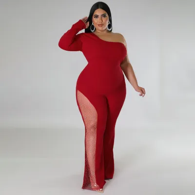 Women Sexy Large Size Rhinestone One-Shoulder Jumpsuits
