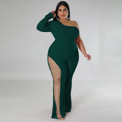 Women Sexy Large Size Rhinestone One-Shoulder Jumpsuits