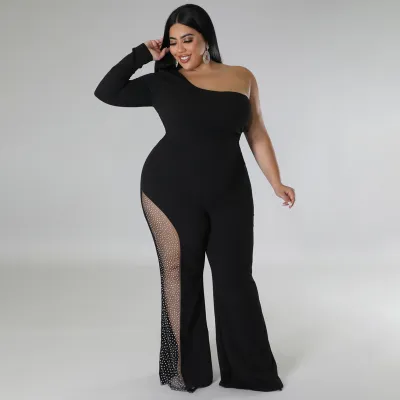 Women Sexy Large Size Rhinestone One-Shoulder Jumpsuits