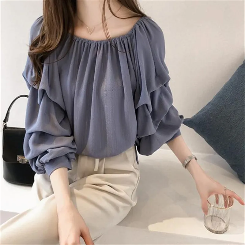 Women Off-Shoulder Chiffon Blouse Long Sleeve Pullover