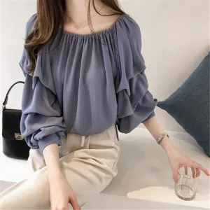 Women Off-Shoulder Chiffon Blouse Long Sleeve Pullover