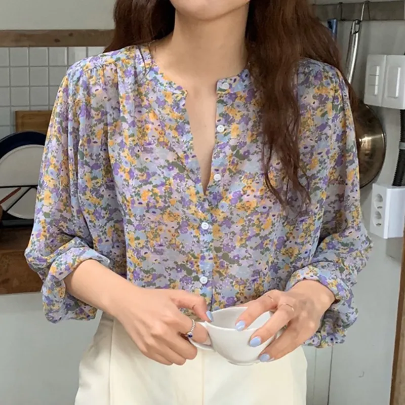 Women Elegant Tiny Flower Print Long Sleeve Chiffon Blouses