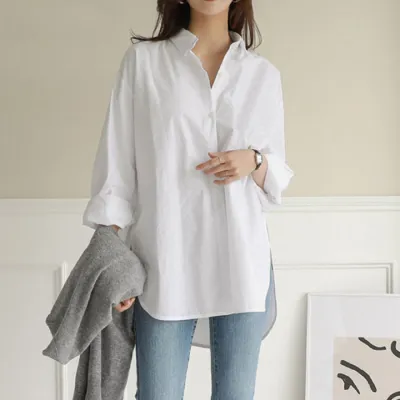 Women Casual Sweet Style Solid Color Loose Fit Long Sleeve Polo Collar Blouses