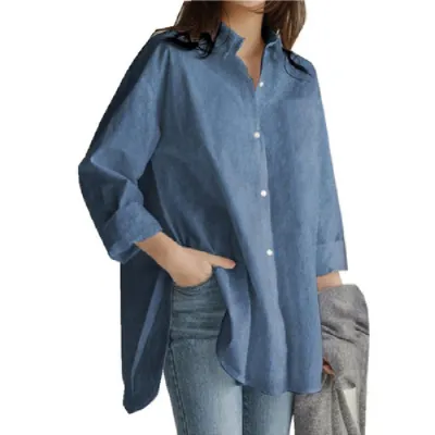 Women Casual Sweet Style Solid Color Loose Fit Long Sleeve Polo Collar Blouses