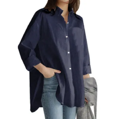 Women Casual Sweet Style Solid Color Loose Fit Long Sleeve Polo Collar Blouses
