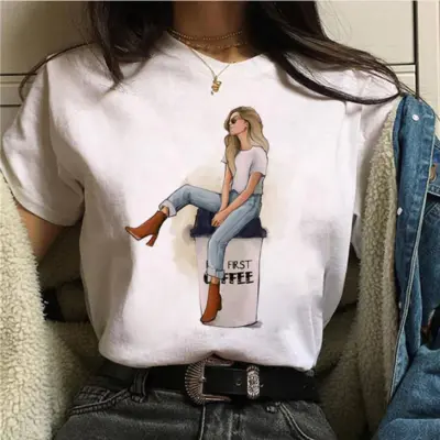 Women Cartoon Girl Printed Short-Sleeved T-Shirt Urban Wind Modal