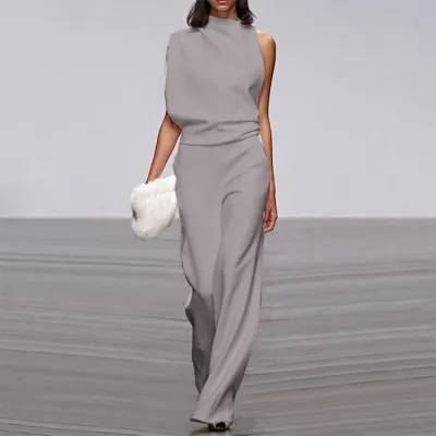 Women Elegant Solid Color Loose Jumpsuits