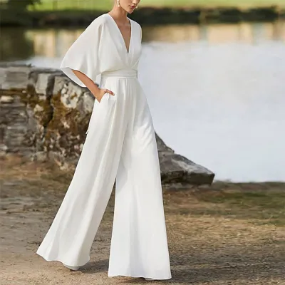 Women Elegant Solid Color V-Neck High Waist Wide Leg Jumpsuit