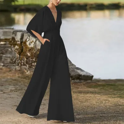 Women Elegant Solid Color V-Neck High Waist Wide Leg Jumpsuit