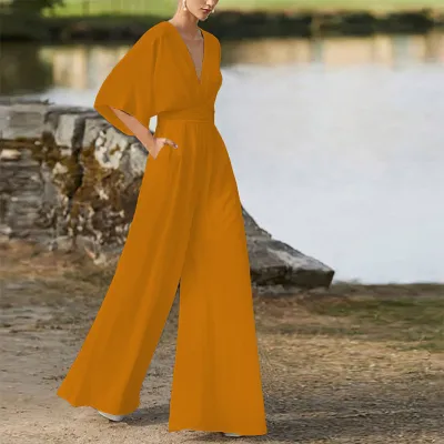 Women Elegant Solid Color V-Neck High Waist Wide Leg Jumpsuit