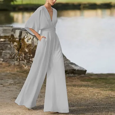 Women Elegant Solid Color V-Neck High Waist Wide Leg Jumpsuit