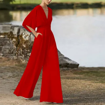 Women Elegant Solid Color V-Neck High Waist Wide Leg Jumpsuit