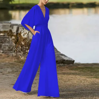 Women Elegant Solid Color V-Neck High Waist Wide Leg Jumpsuit